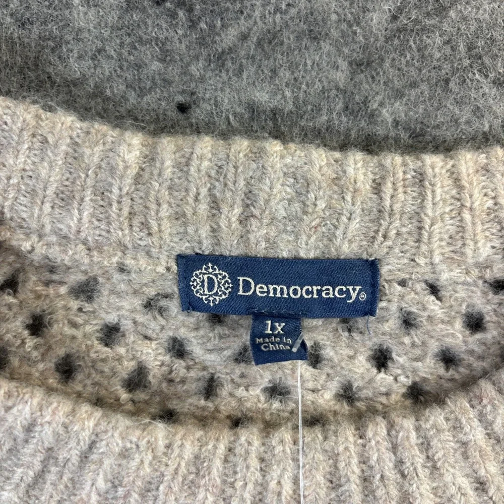Democracy Soft Open Knit Sweater Women's 1X Tan Embroidered Floral Boho Cottage